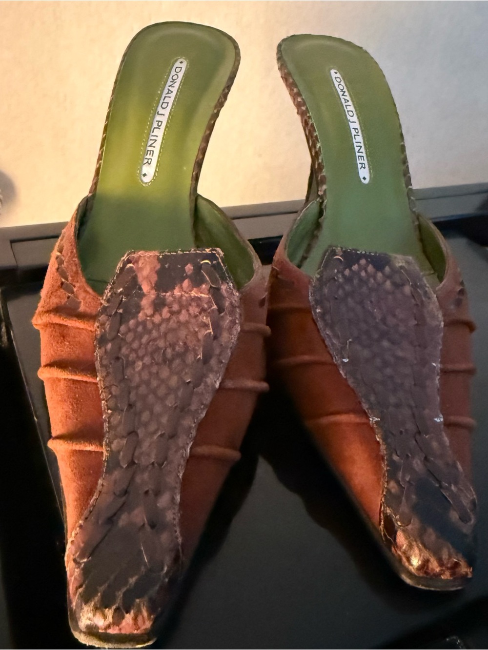 Donald J. Pliner Brown Suede and Snakeskin-Accent Slip-On Heels